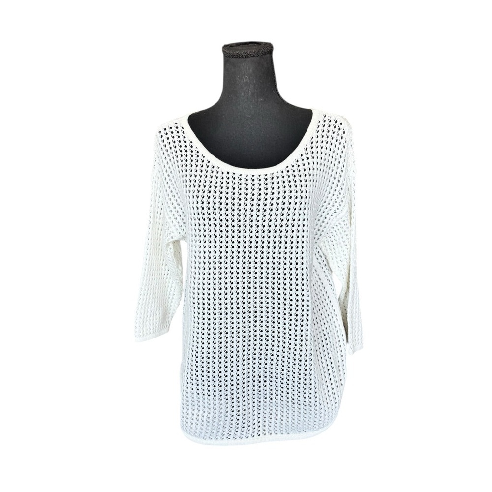 Jeanne Pierre Open Knit Sweater M White Cotton Beach Cover Up Coastal Boho C87